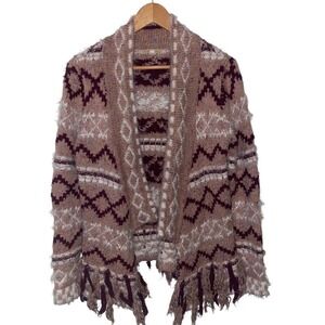 Bits of Beauty Boho Fringe Cardigan Aztec Fair Isle‎ Tribal Pattern Sweater L